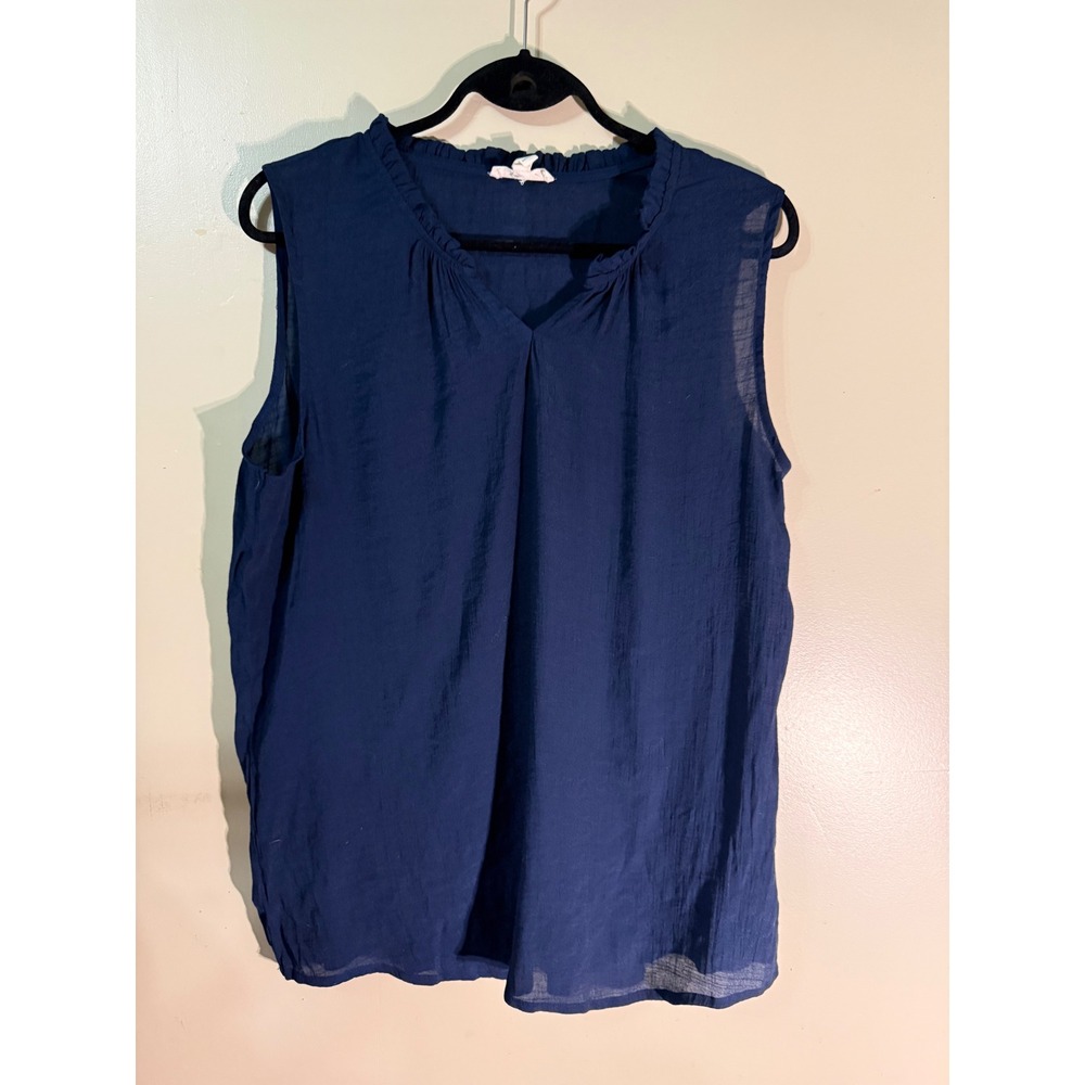 Loft Navy Blue Sleeveless V-Neck Ruffle Collar Pleated Blouse‎ Top Womens Small